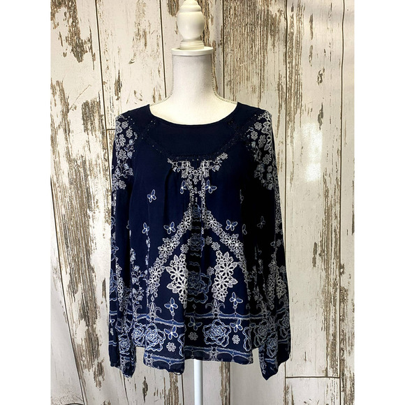 Altar'd State Tops - Altar'd State Dark Blue Butterfly Floral Blouse